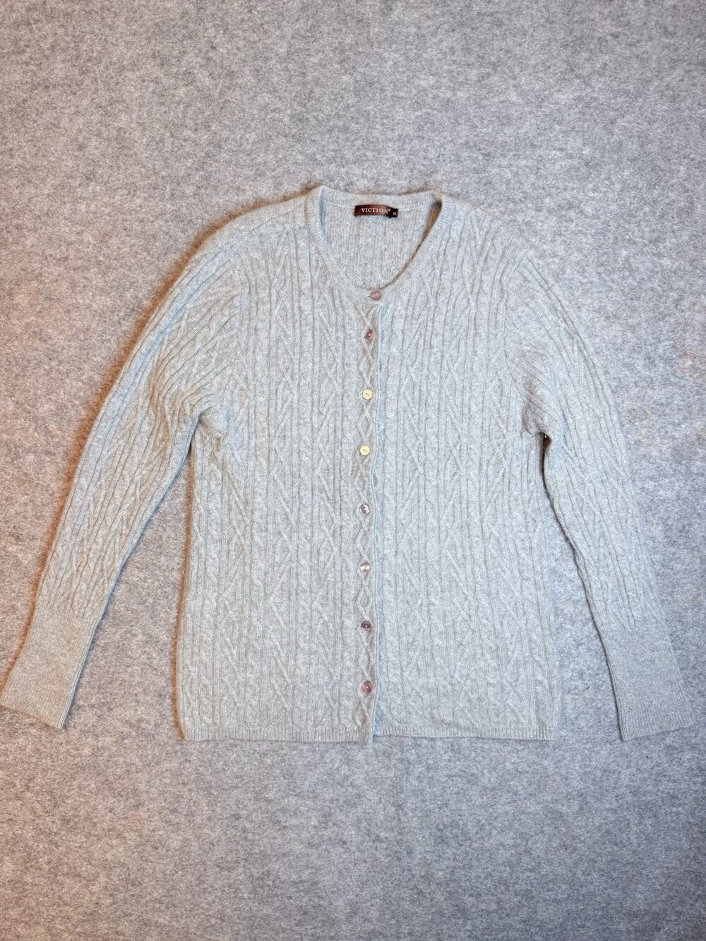 VICTION Pure Cashmere Cardigan Sweater Womens XXL Grey Cable Knit Button Up Top